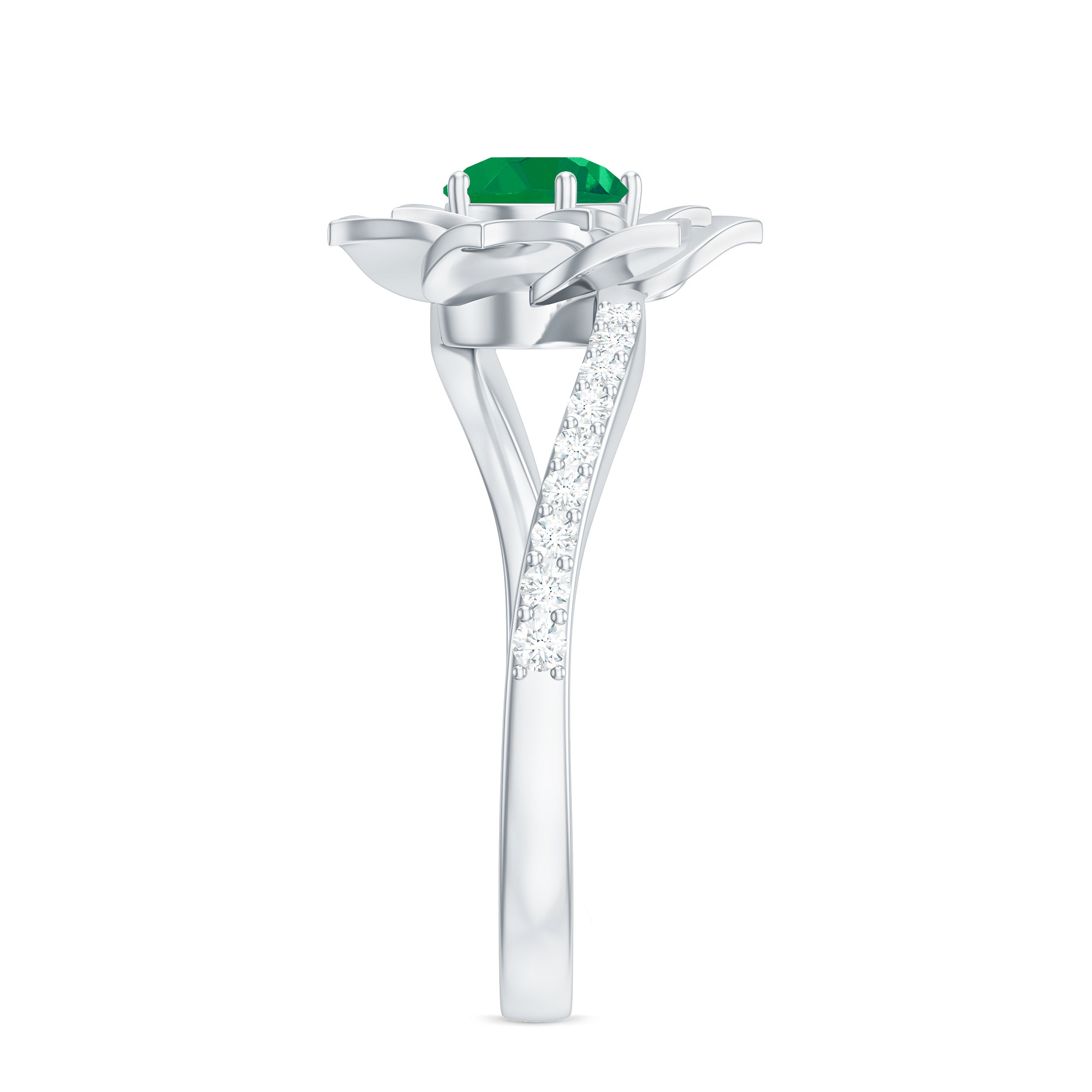 Real Emerald and Diamond Flower Ring with Bypass Shank Emerald - ( AAA ) - Quality - Rosec Jewels