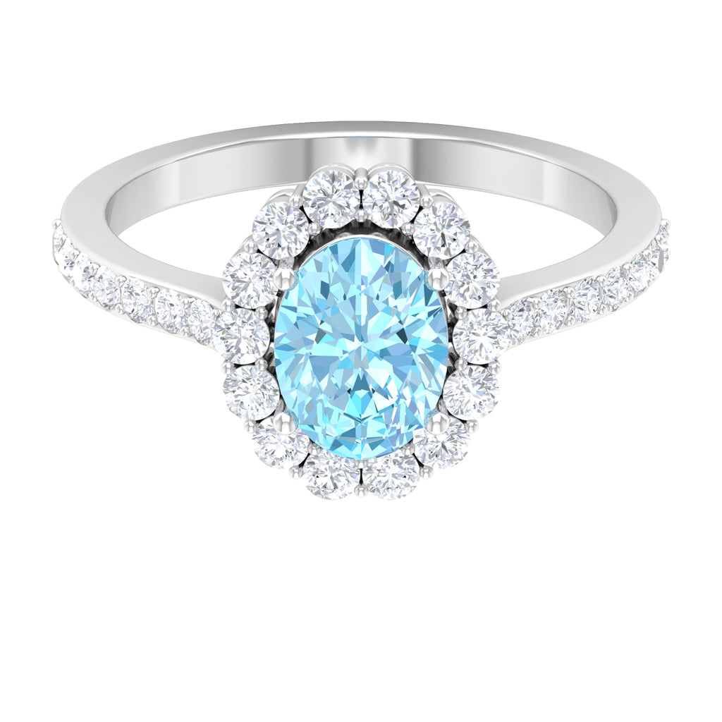2.50 CT Oval Shape Solitaire Aquamarine and Moissanite Accent Engagement Ring Aquamarine - ( AAA ) - Quality - Rosec Jewels