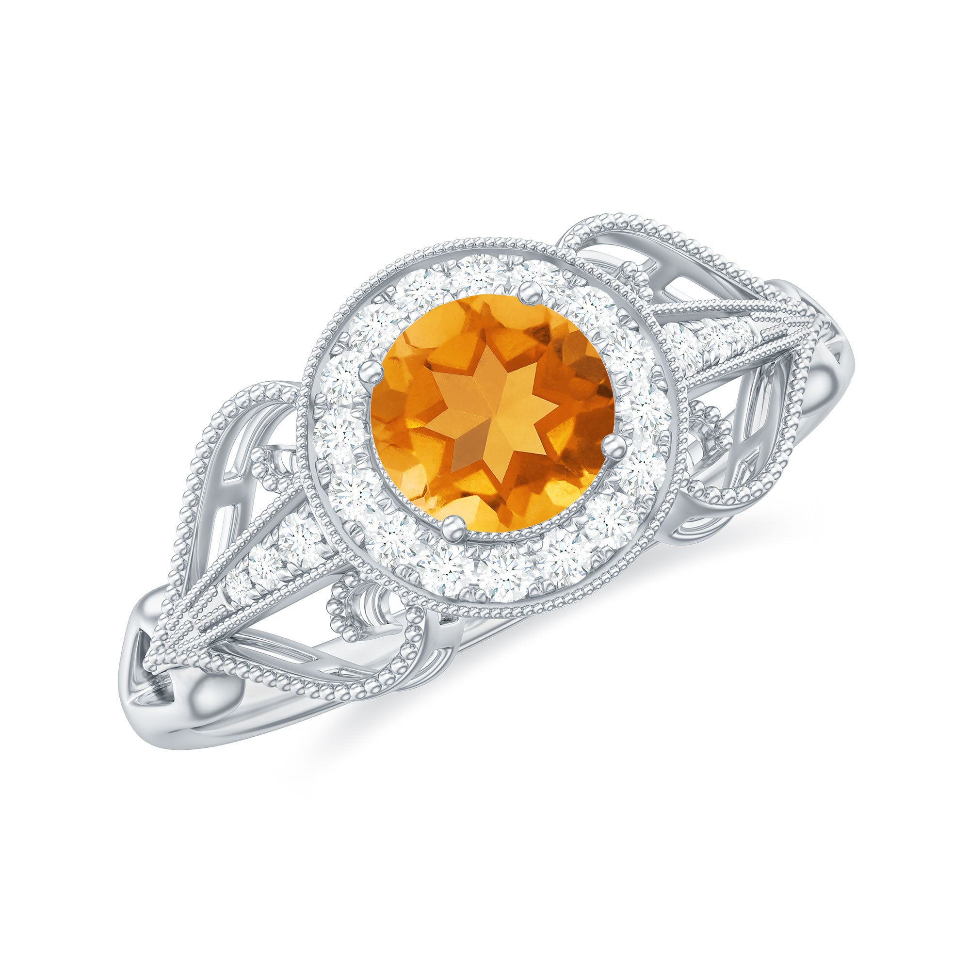 Vintage Citrine Diamond Engagement Ring with Beaded Detail Citrine - ( AAA ) - Quality - Rosec Jewels