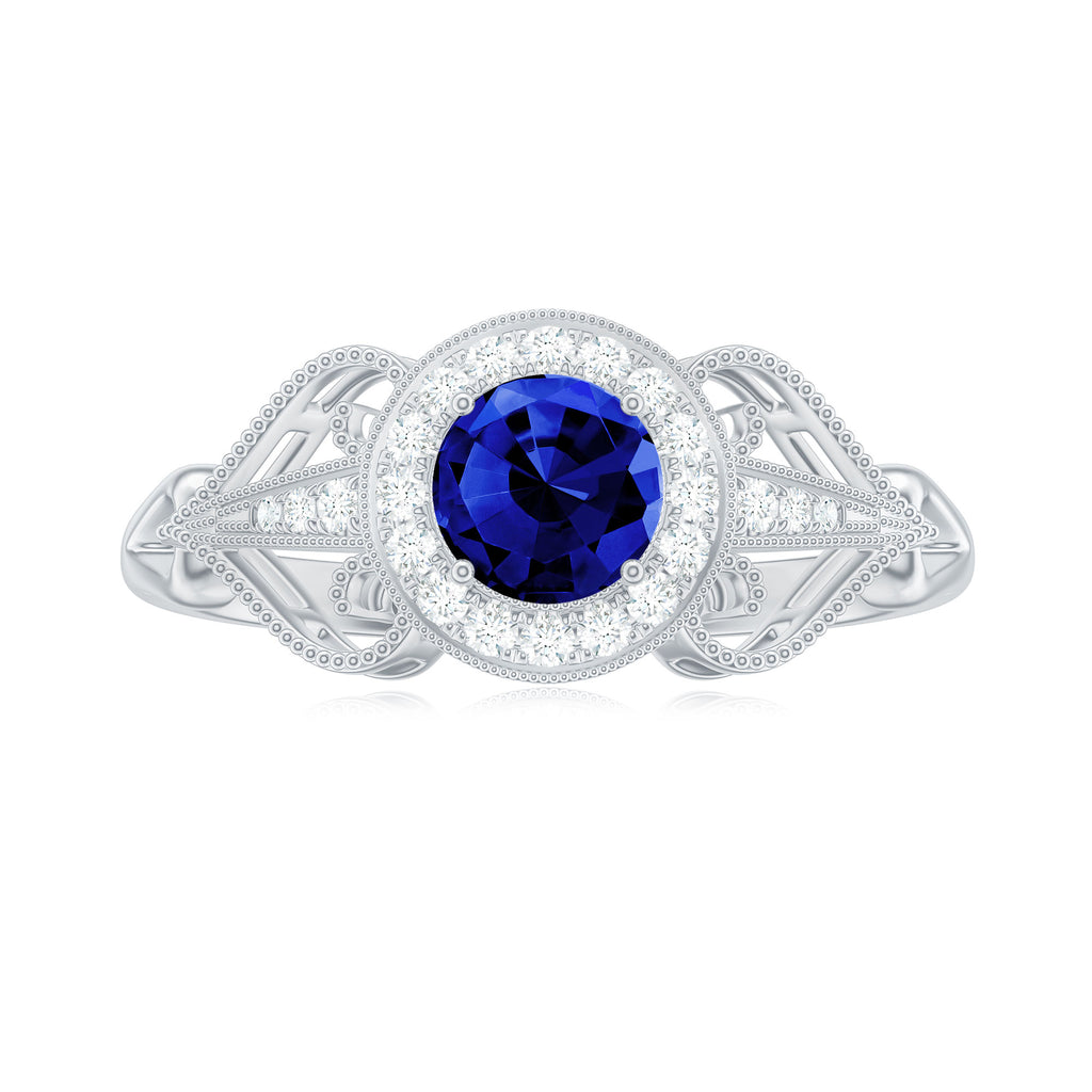 Vintage Created Blue Sapphire Diamond Beaded Engagement Ring Lab Created Blue Sapphire - ( AAAA ) - Quality - Rosec Jewels
