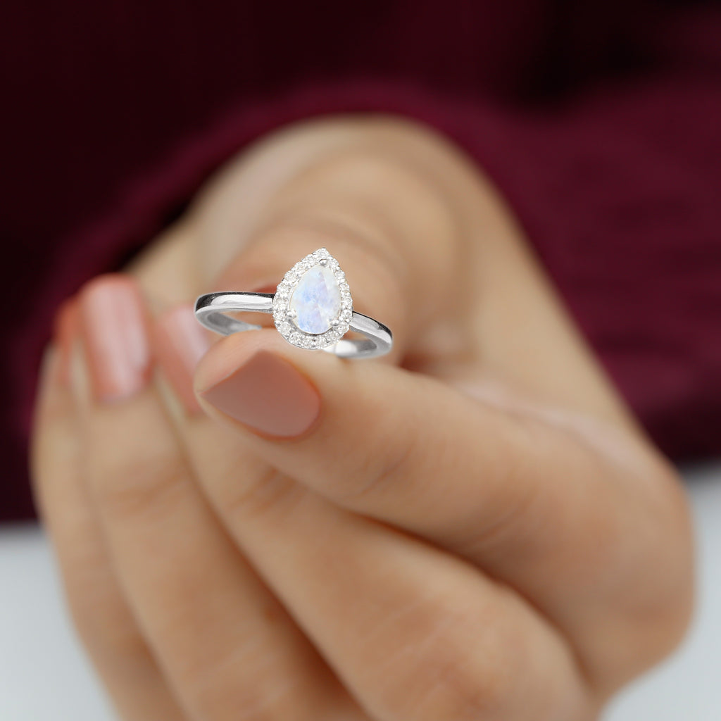 1 CT Teardrop Moonstone Ring with Diamond Accent Moonstone - ( AAA ) - Quality - Rosec Jewels