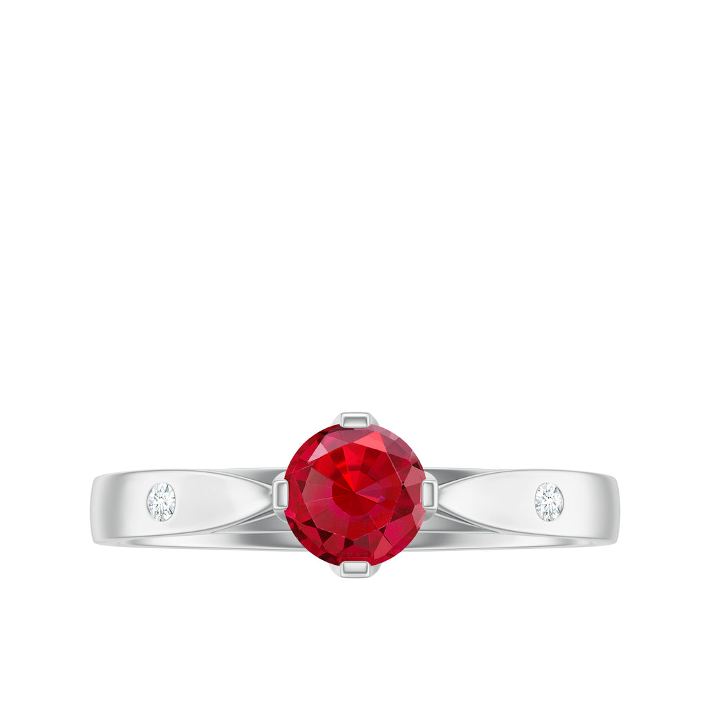 Round Lab Grown Ruby Solitaire Ring with Diamond Lab Created Ruby - ( AAAA ) - Quality - Rosec Jewels