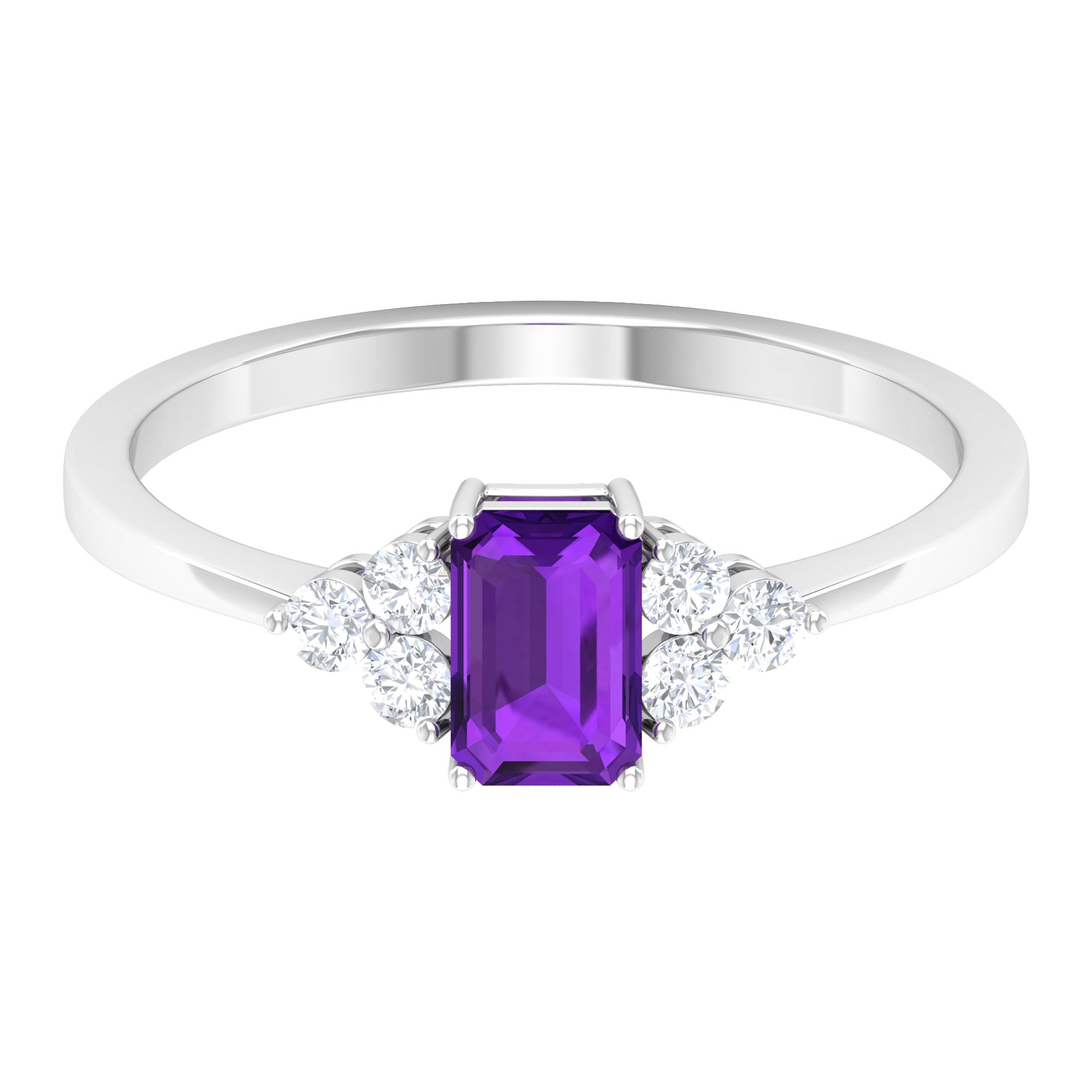 Octagon Cut Amethyst Solitaire Ring with Diamond Trio Amethyst - ( AAA ) - Quality - Rosec Jewels