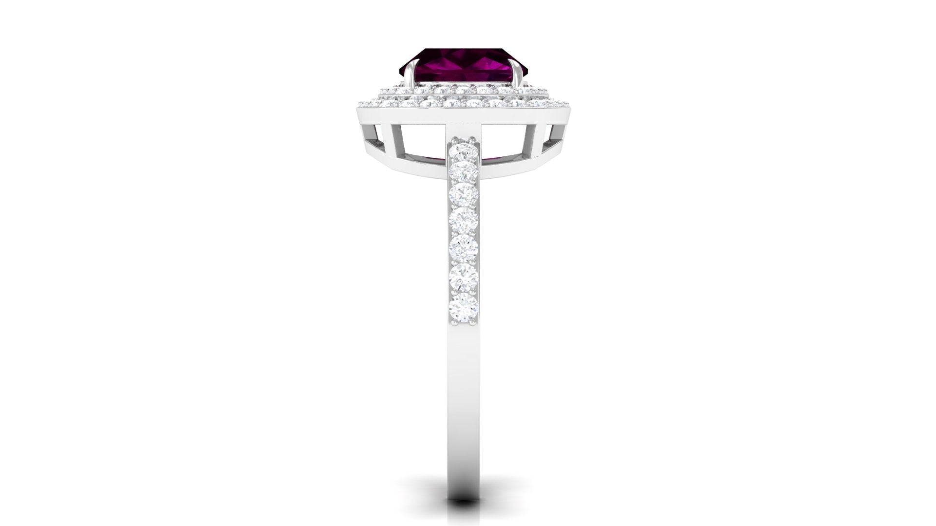 3.25 CT Cushion Shape Rhodolite Engagement Ring with Moissanite Double Halo Rhodolite - ( AAA ) - Quality - Rosec Jewels