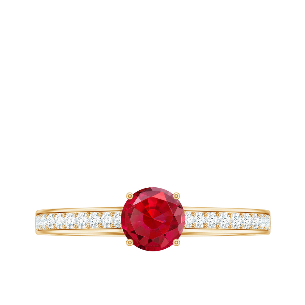 Round Lab Grown Ruby Solitaire Engagement Ring with Diamond Side Stones Lab Created Ruby - ( AAAA ) - Quality - Rosec Jewels