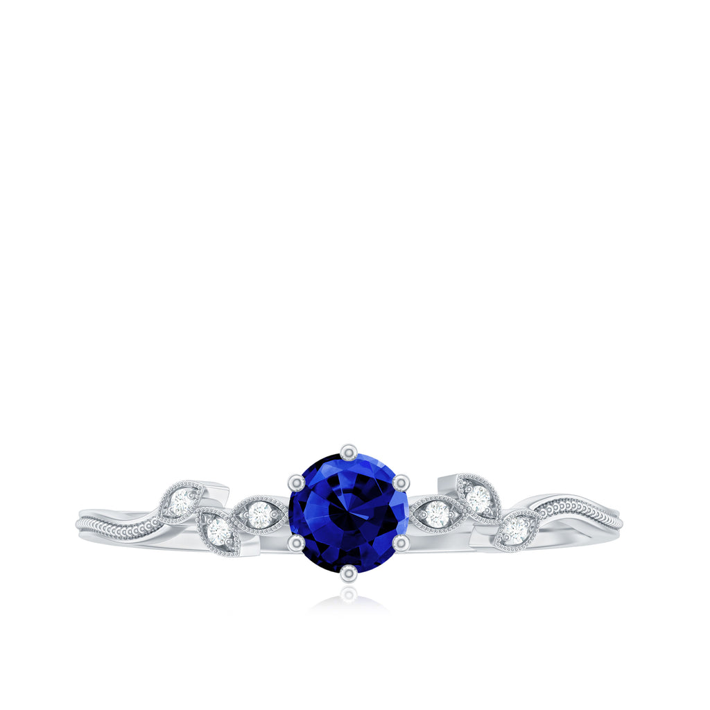 Round Created Blue Sapphire Minimal Leaf Promise Ring with Diamond in Gold Lab Created Blue Sapphire - ( AAAA ) - Quality - Rosec Jewels