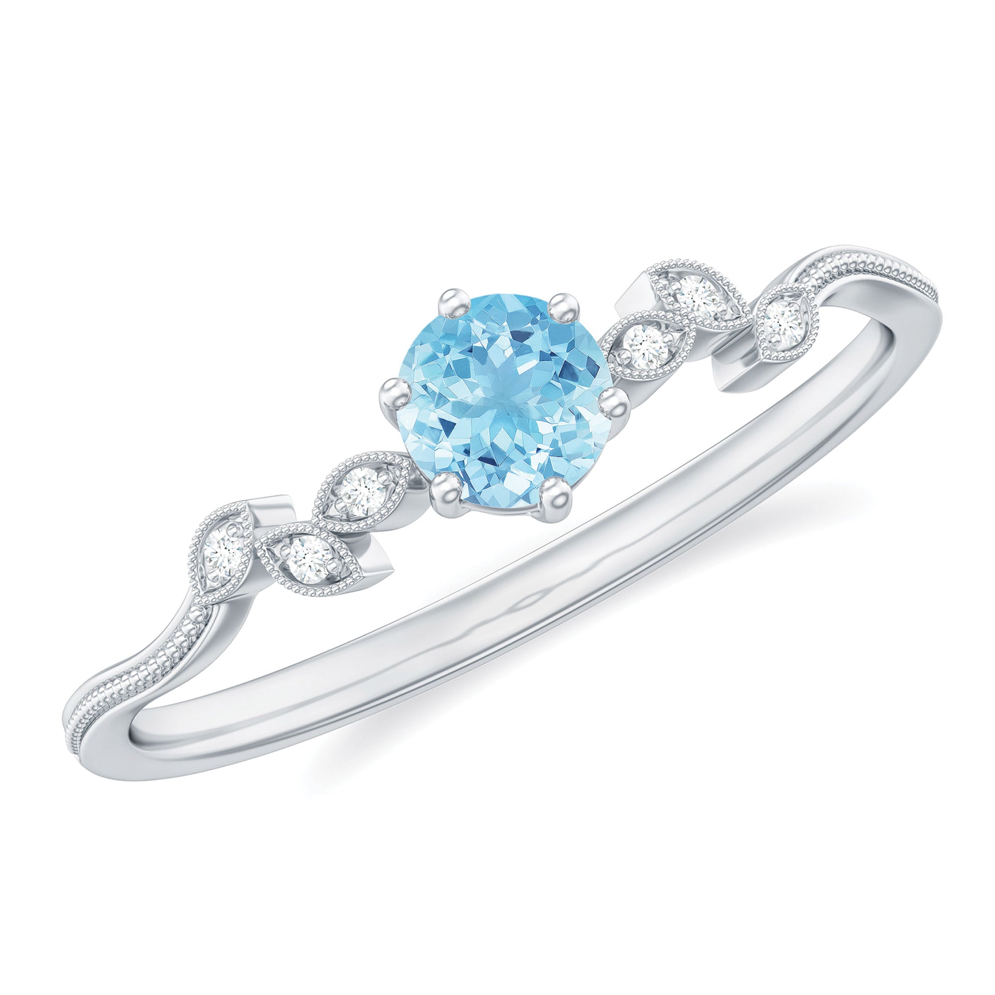 Minimal Leaf Promise Ring with Aquamarine and Diamond Aquamarine - ( AAA ) - Quality - Rosec Jewels