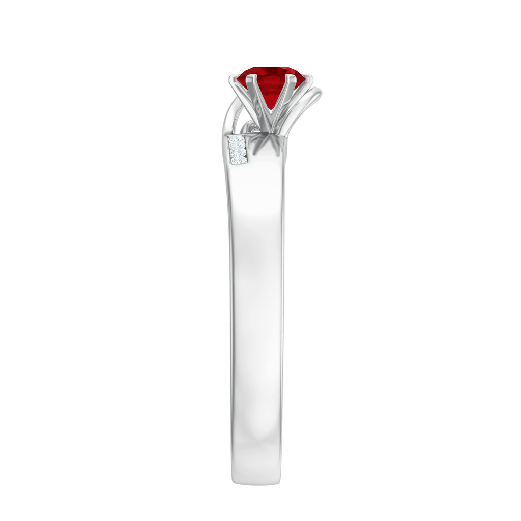 Created Ruby Solitaire Band Ring with Diamond Lab Created Ruby - ( AAAA ) - Quality - Rosec Jewels