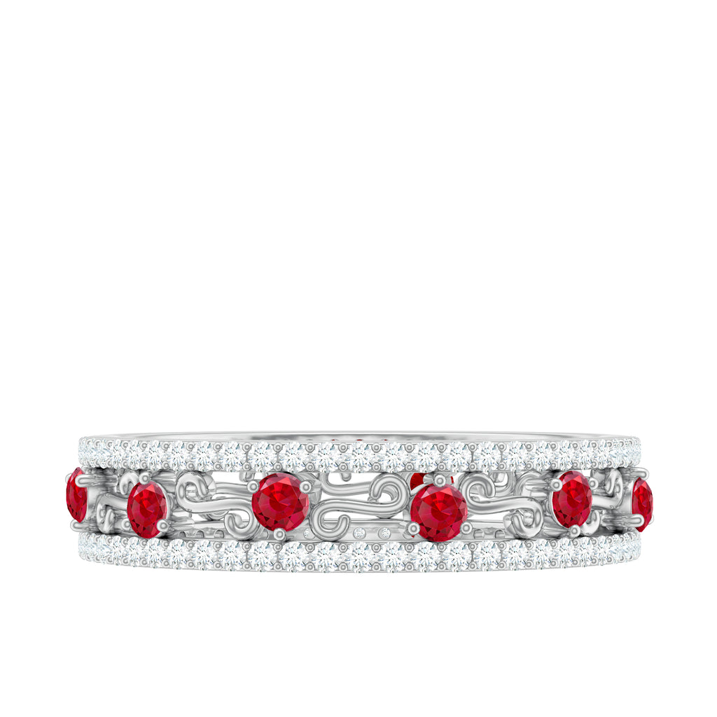 1 CT Created Ruby Classic Wedding Band Ring with Moissanite Lab Created Ruby - ( AAAA ) - Quality - Rosec Jewels