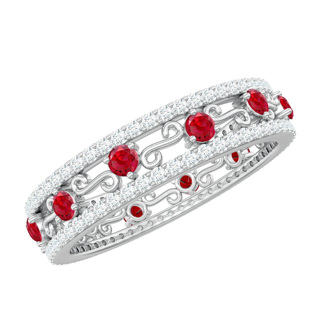 1 CT Created Ruby Classic Wedding Band Ring with Moissanite Lab Created Ruby - ( AAAA ) - Quality - Rosec Jewels