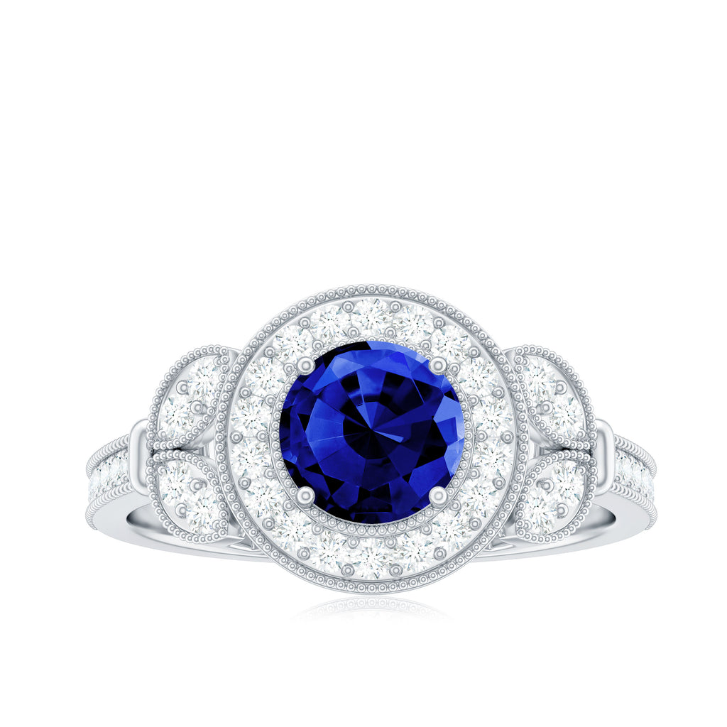 Vintage Inspired Created Blue Sapphire and Diamond Engagement Ring Lab Created Blue Sapphire - ( AAAA ) - Quality - Rosec Jewels
