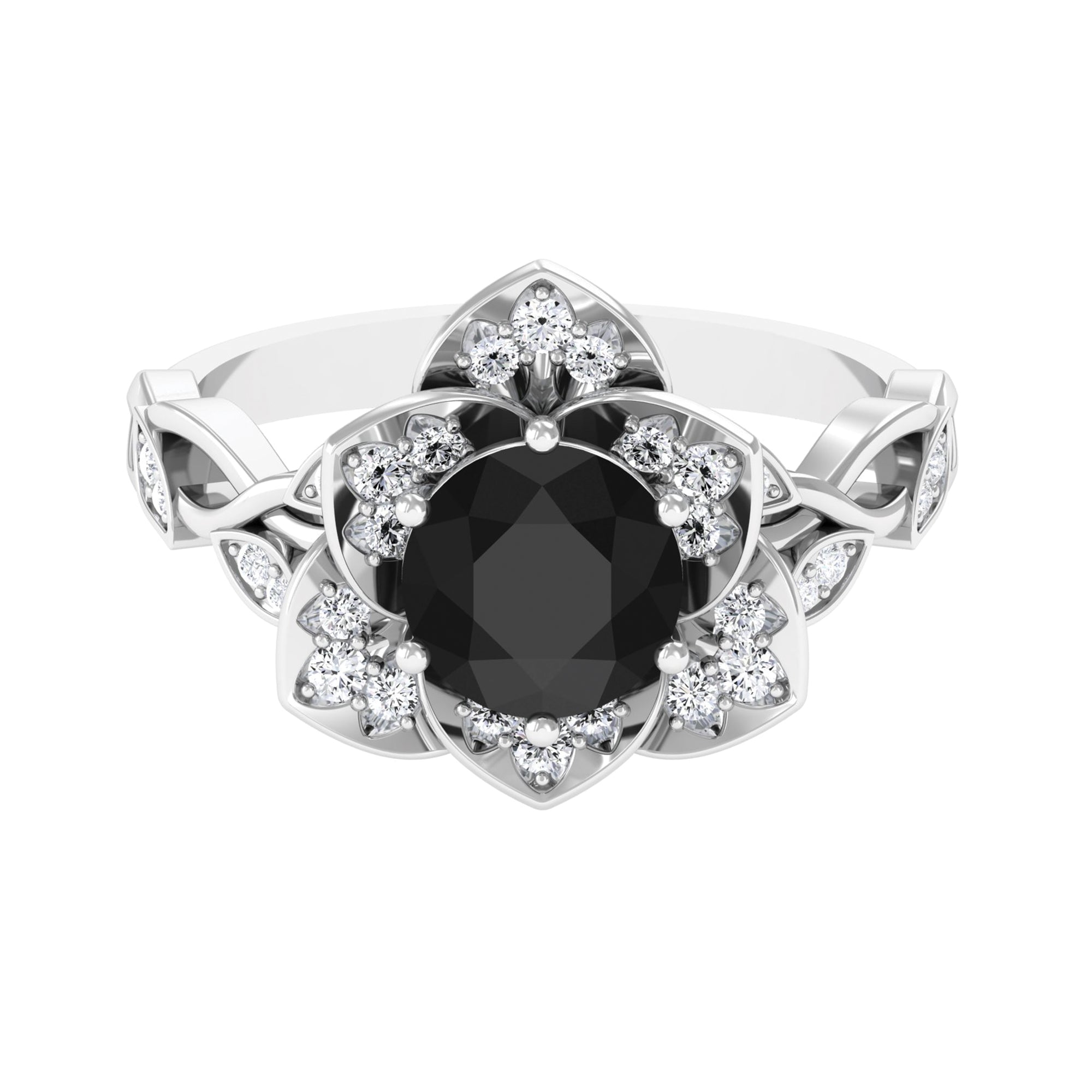 2 CT Created Black Diamond Floral Engagement Ring with Diamond Accent Lab Created Black Diamond - ( AAAA ) - Quality - Rosec Jewels