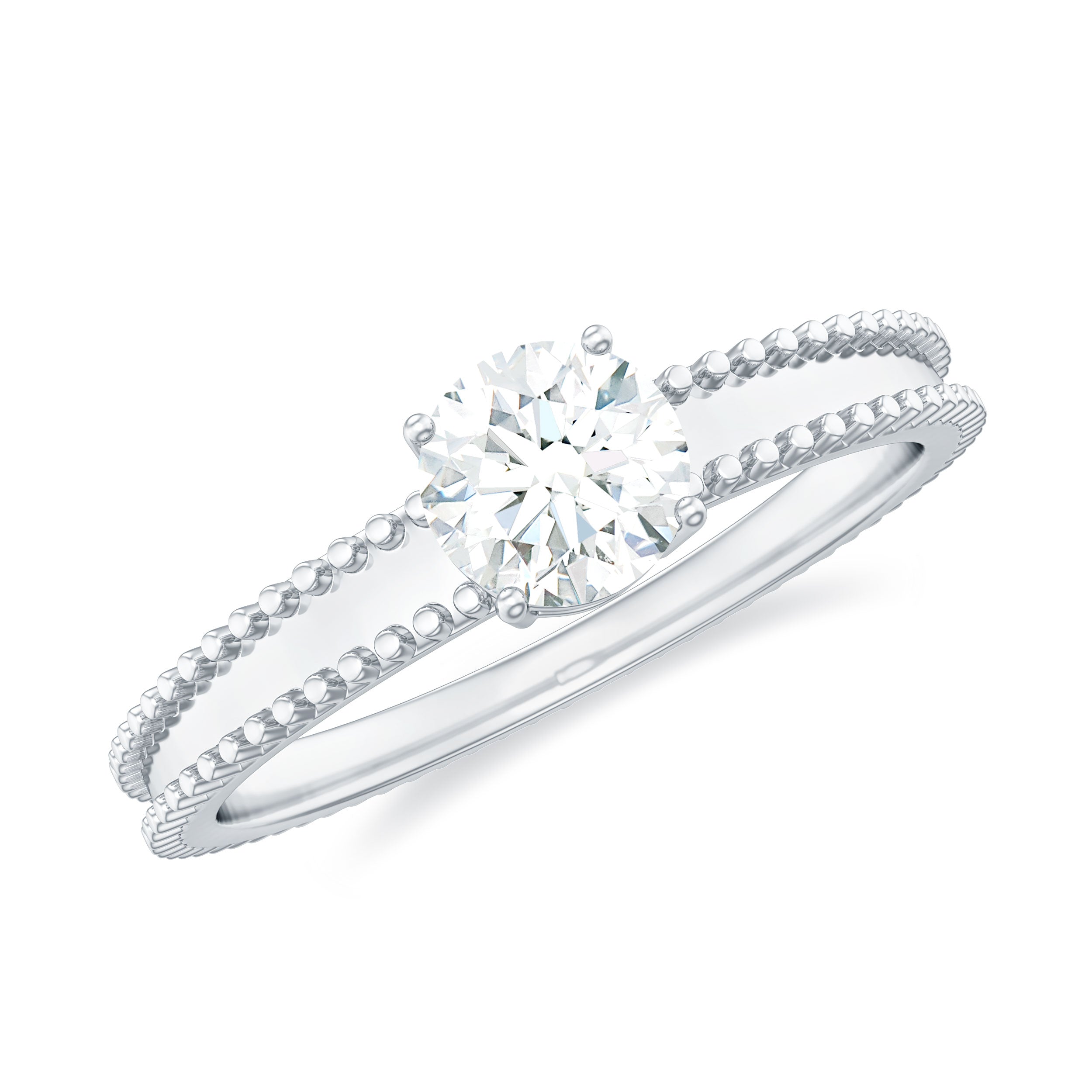 Round Cut Moissanite Solitaire Ring with Beaded Moissanite - ( D-VS1 ) - Color and Clarity - Rosec Jewels