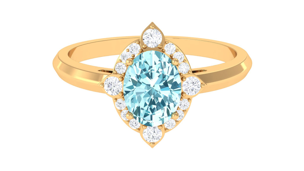 1.50 CT Art Deco Engagement Ring with Oval Shape Aquamarine and Diamond Accent Aquamarine - ( AAA ) - Quality - Rosec Jewels
