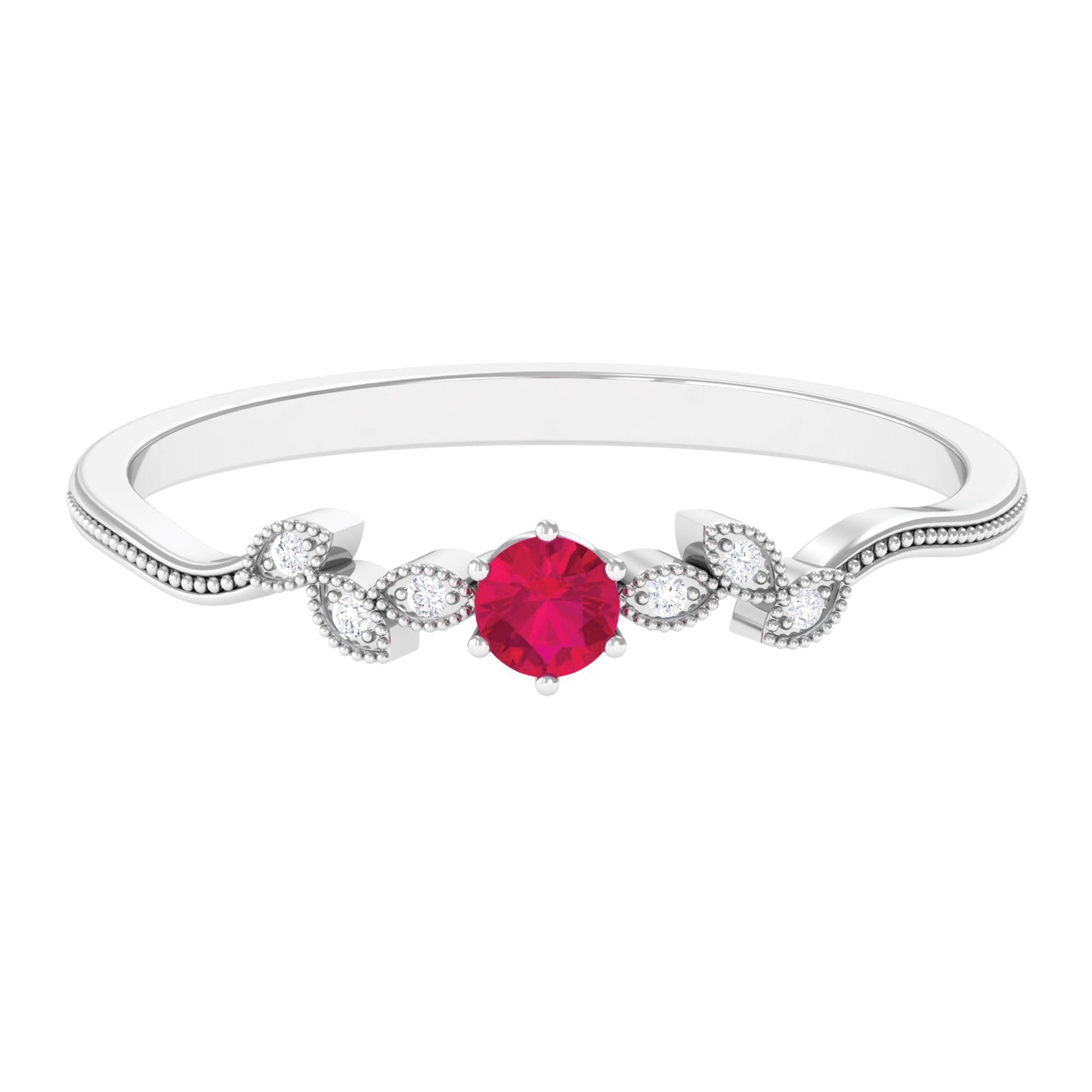 Leaf Inspired Ruby Solitaire Promise Ring with Diamond Ruby - ( AAA ) - Quality - Rosec Jewels