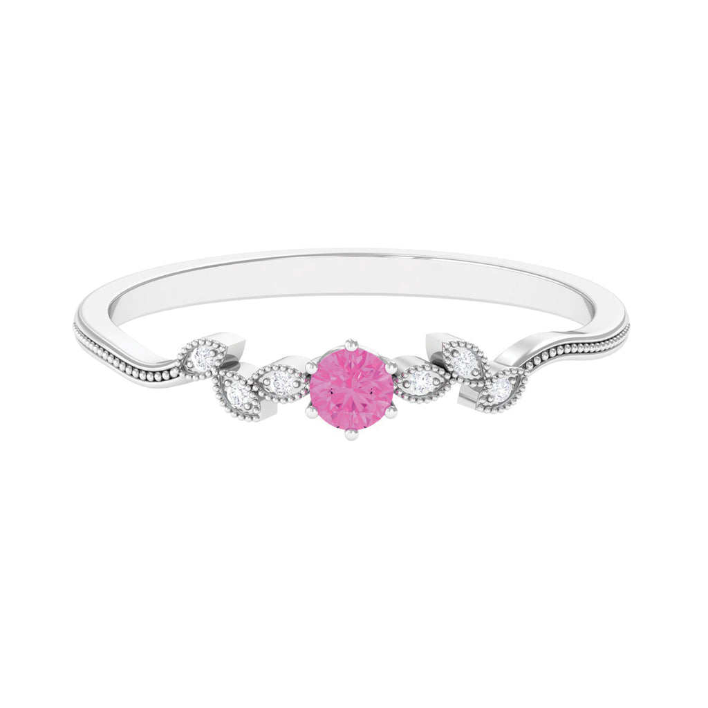 Pink Sapphire and Moissanite Leaf Promise Ring with Beaded Detailing
