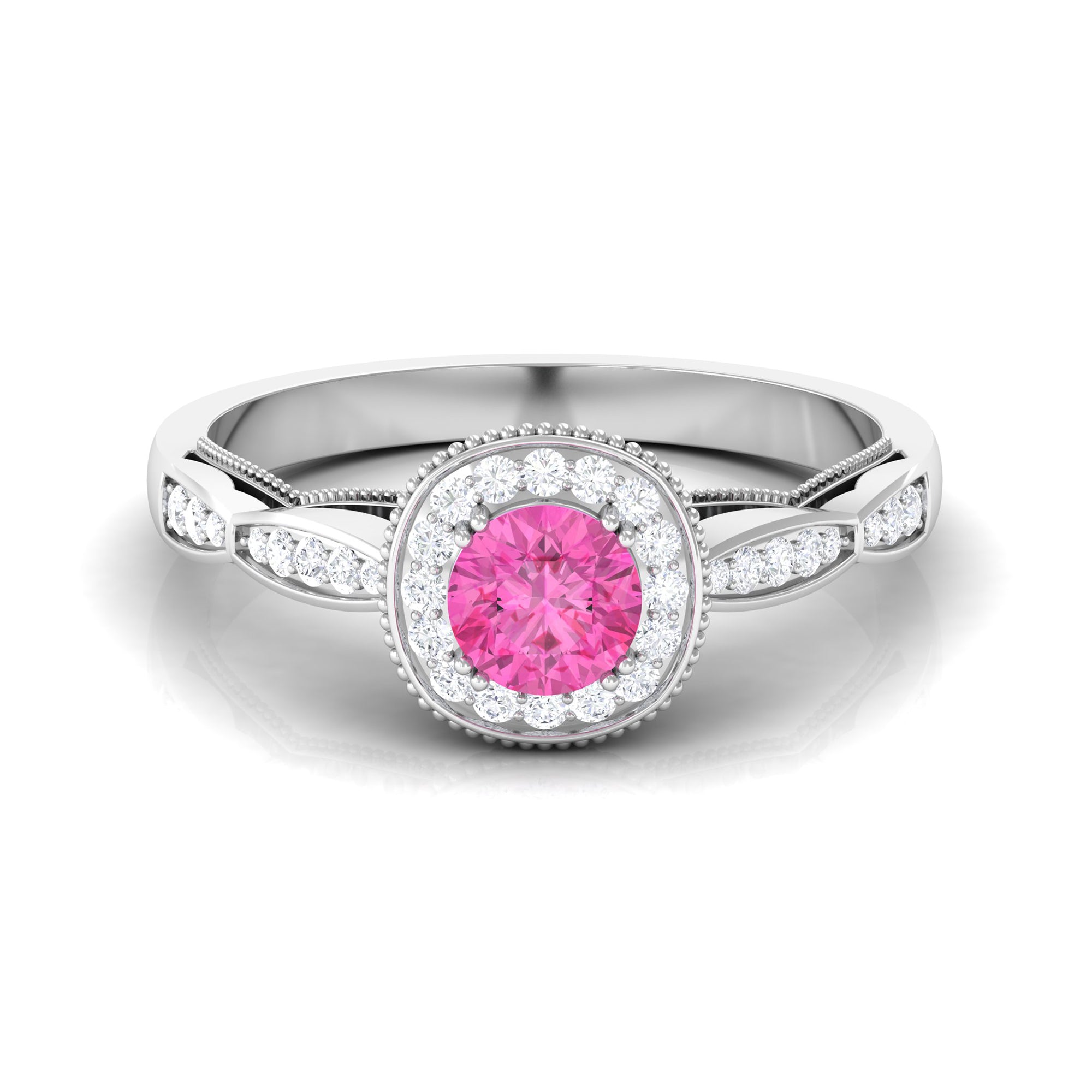Vintage Inspired Round Pink Sapphire and Diamond Engagement Ring Pink Sapphire - ( AAA ) - Quality - Rosec Jewels