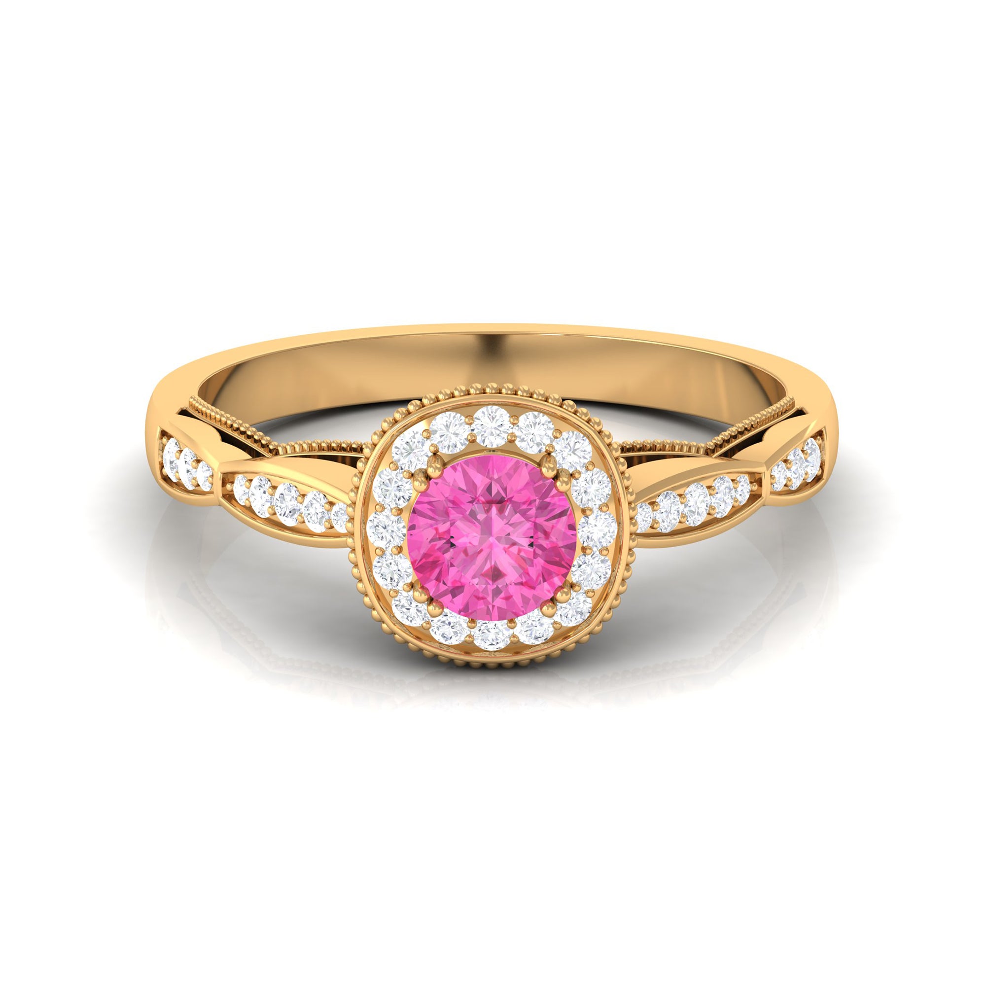 Vintage Inspired Round Pink Sapphire and Diamond Engagement Ring Pink Sapphire - ( AAA ) - Quality - Rosec Jewels
