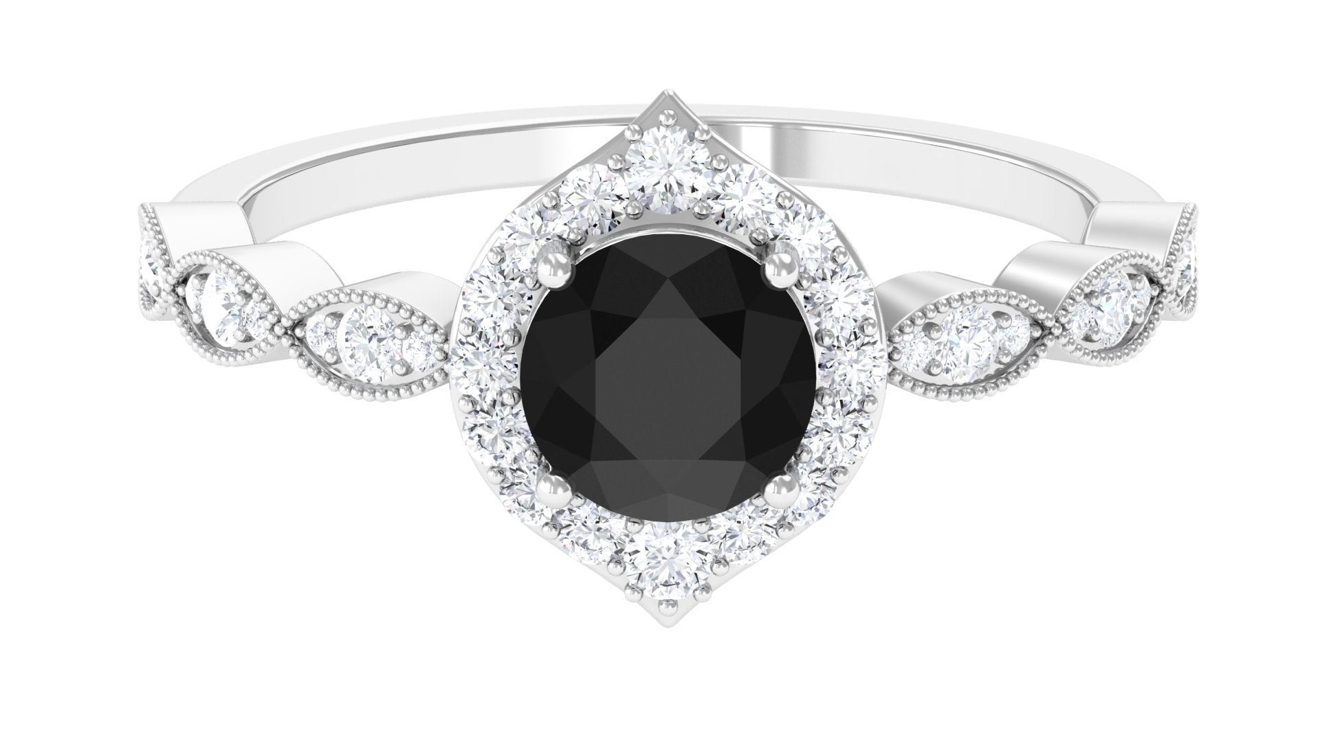 Vintage Style Black Spinel Engagement Ring with Diamond Accent Black Spinel - ( AAA ) - Quality - Rosec Jewels