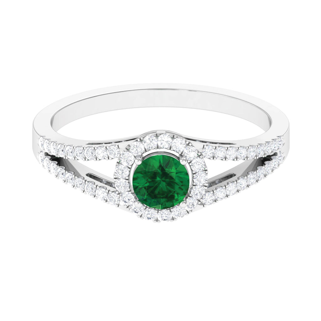 Lab Grown Emerald and Moissanite Halo Engagement Ring in Split Shank