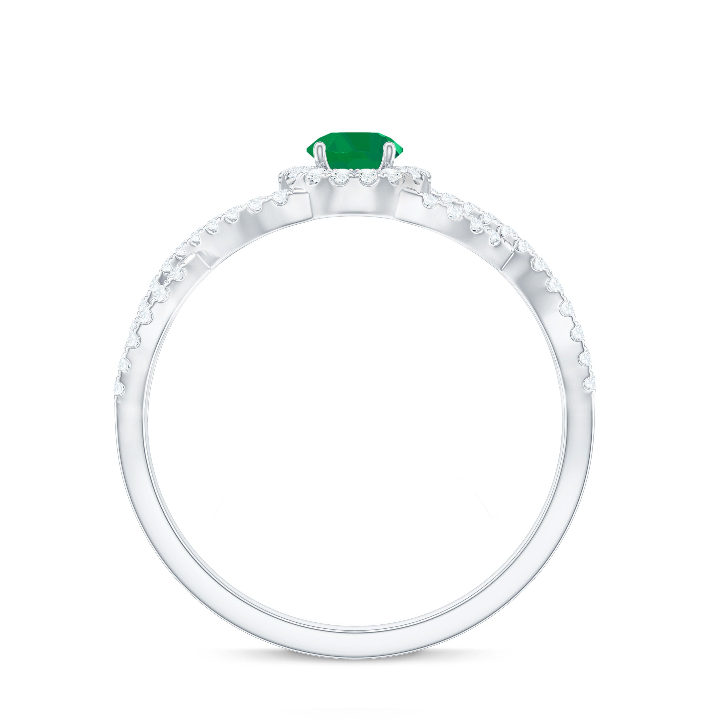 Round Emerald Crisscross Engagement Ring with Diamond Halo Emerald - ( AAA ) - Quality - Rosec Jewels