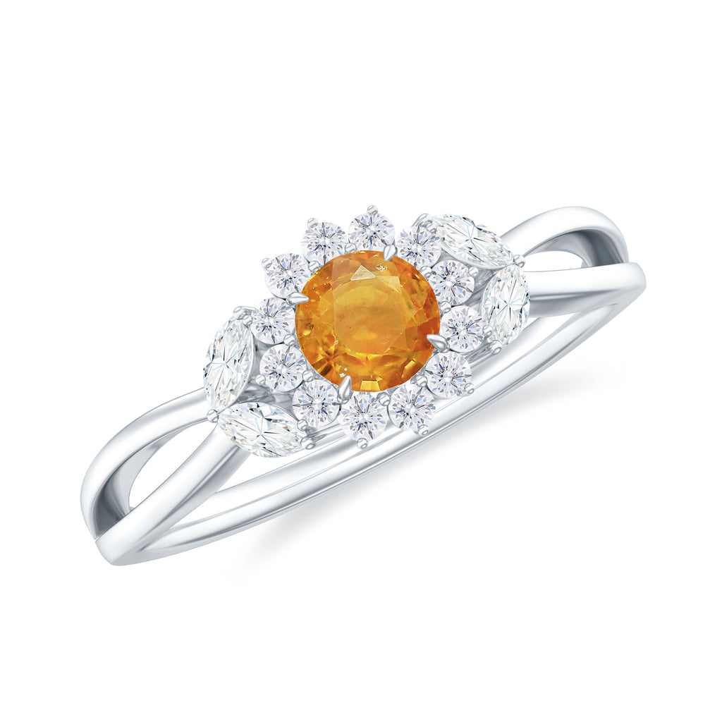 Split Shank Orange Sapphire Flower Engagement Ring with Diamond