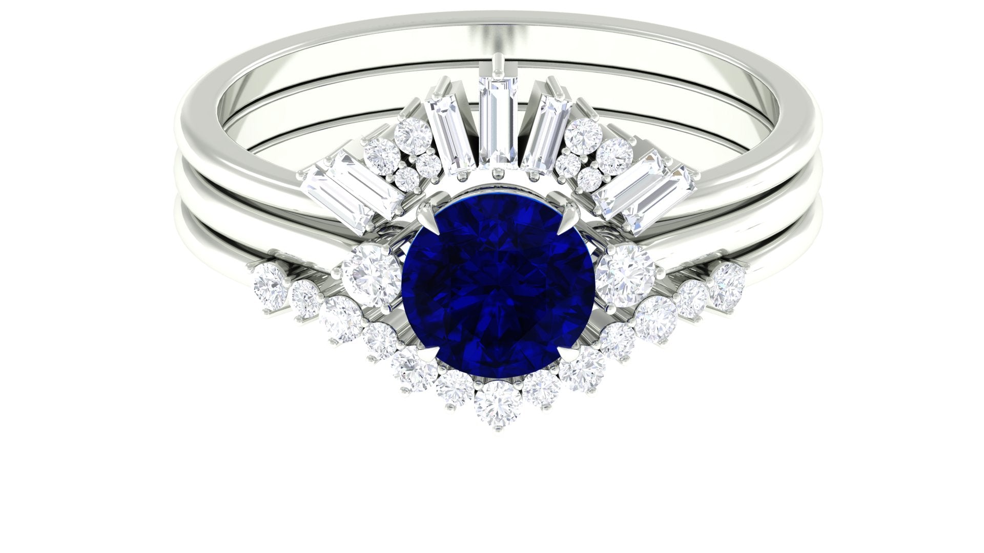 Round Created Blue Sapphire Designer Trio Wedding Ring Set with Diamond Lab Created Blue Sapphire - ( AAAA ) - Quality - Rosec Jewels