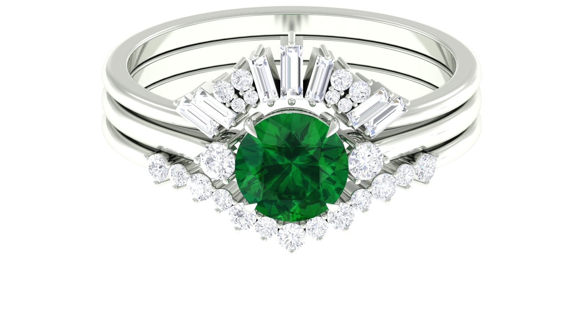 Round Created Emerald Designer Trio Wedding Ring Set with Diamond Lab Created Emerald - ( AAAA ) - Quality - Rosec Jewels