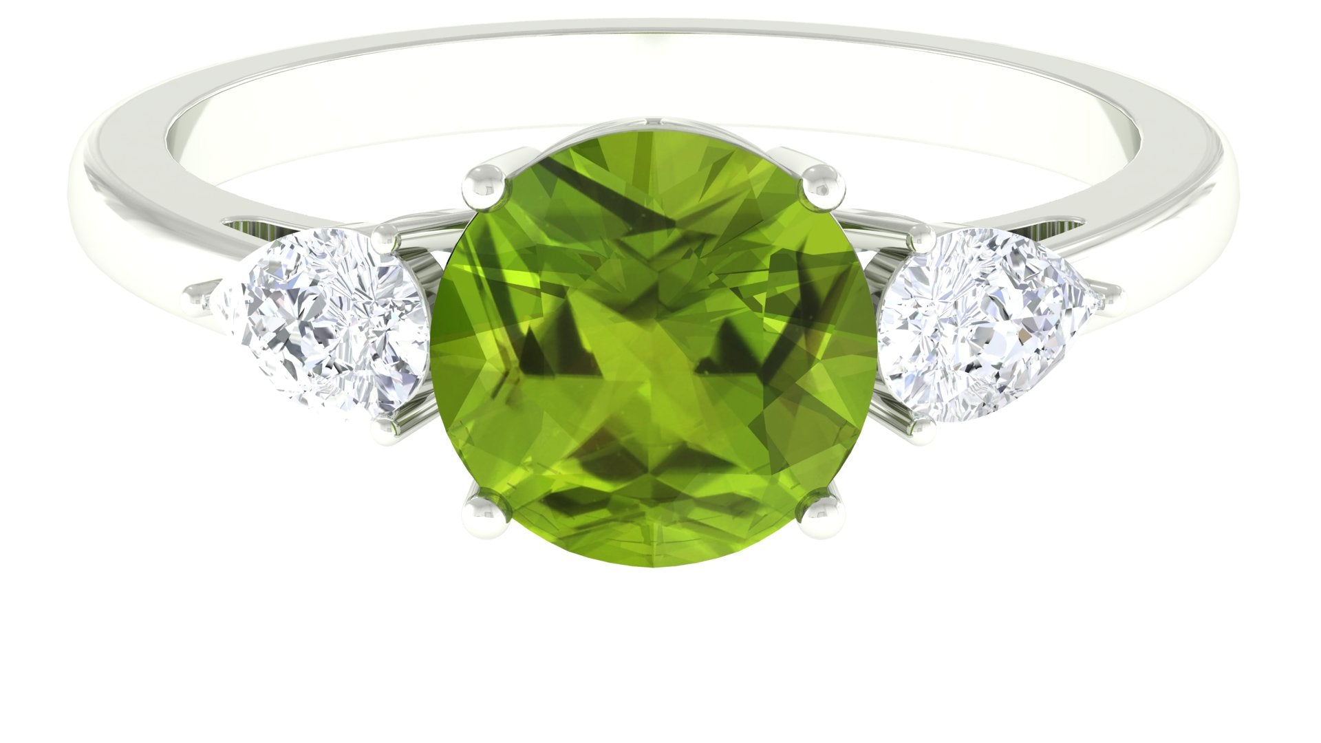 Round Cut Peridot Engagement Ring with Pear Cut Moissanite Side Stones Peridot - ( AAA ) - Quality - Rosec Jewels
