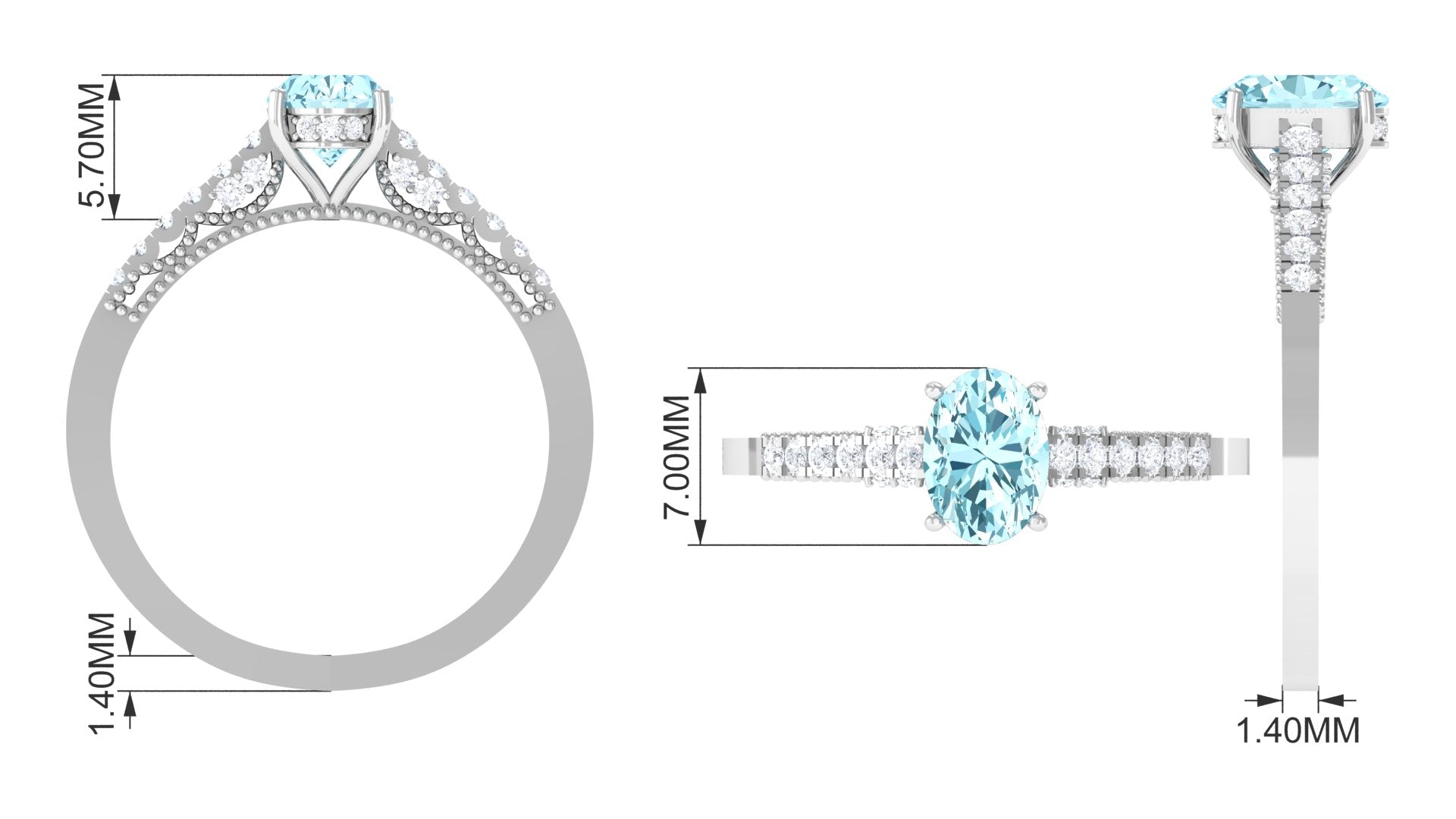 1 CT Oval Aquamarine Solitaire Engagement Ring with Diamond Side Stones Aquamarine - ( AAA ) - Quality - Rosec Jewels