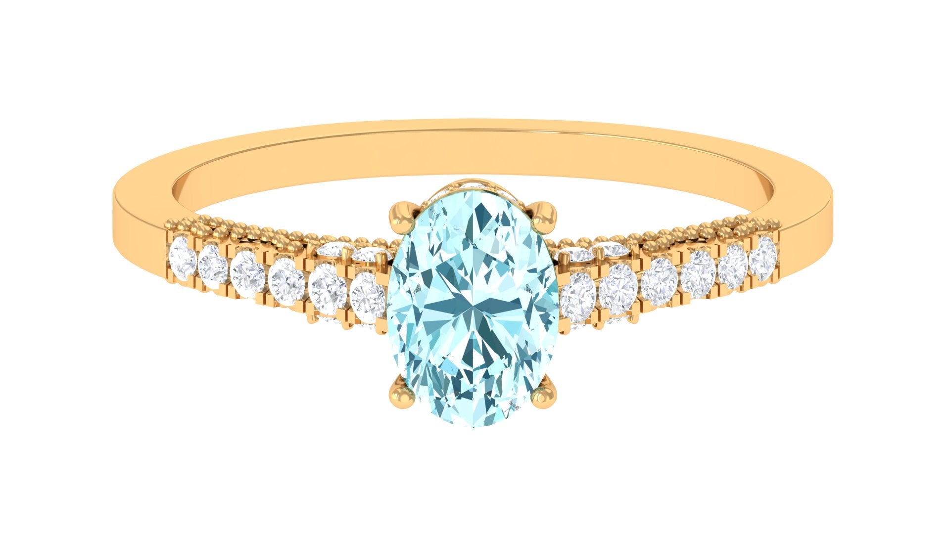 1 CT Oval Aquamarine Solitaire Engagement Ring with Diamond Side Stones Aquamarine - ( AAA ) - Quality - Rosec Jewels