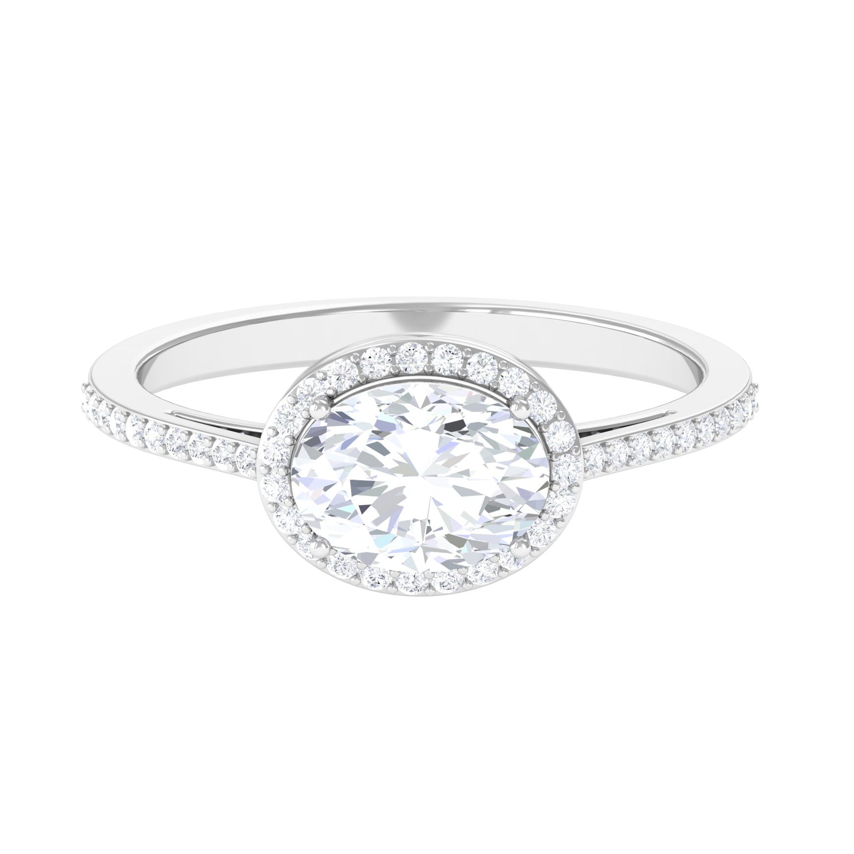 East West Halo Engagement Ring with Oval Moissanite Moissanite - ( D-VS1 ) - Color and Clarity - Rosec Jewels