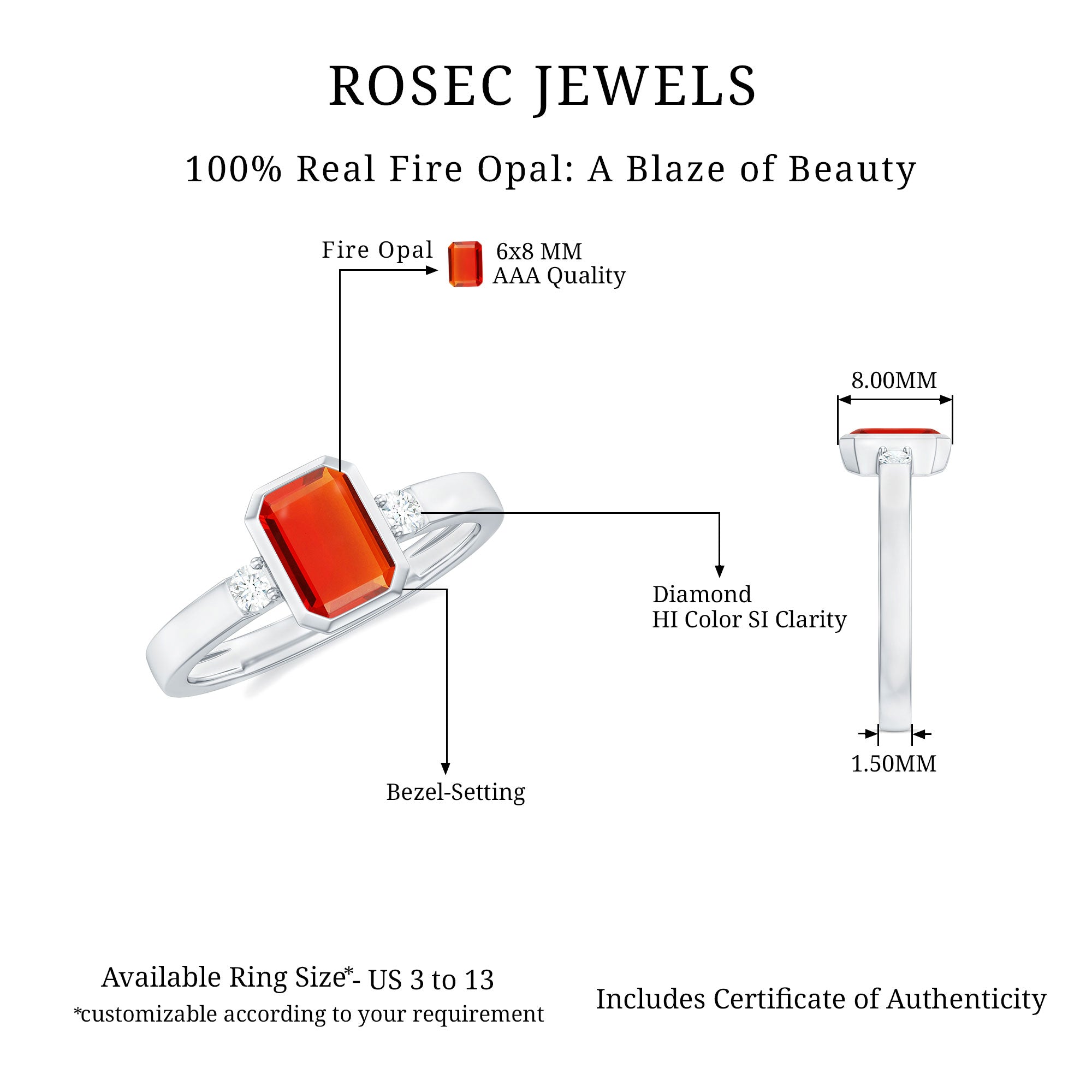 Bezel Set Octagon Cut Fire Opal Solitaire Ring with Diamond Fire Opal - ( AAA ) - Quality - Rosec Jewels