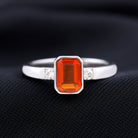 Bezel Set Octagon Cut Fire Opal Solitaire Ring with Diamond Fire Opal - ( AAA ) - Quality - Rosec Jewels