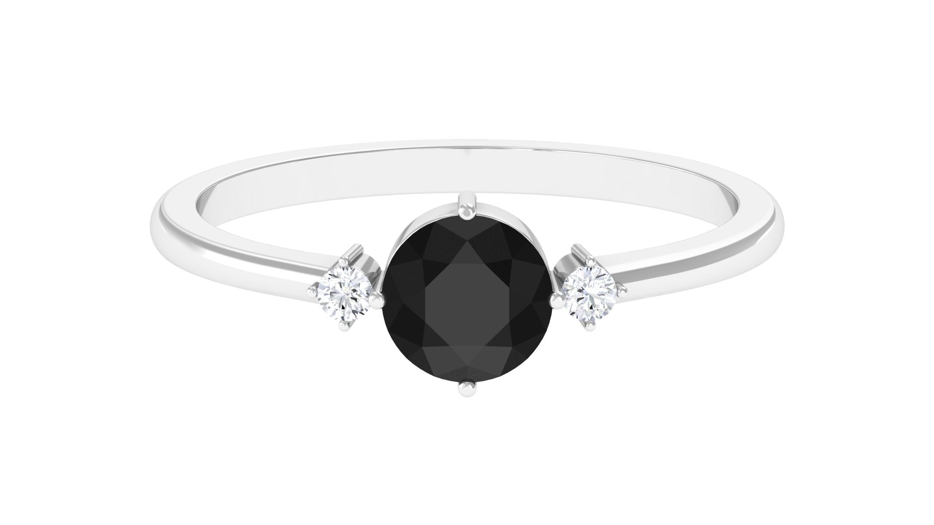 Minimal Round Black Onyx Promise Ring with Diamond Black Onyx - ( AAA ) - Quality - Rosec Jewels