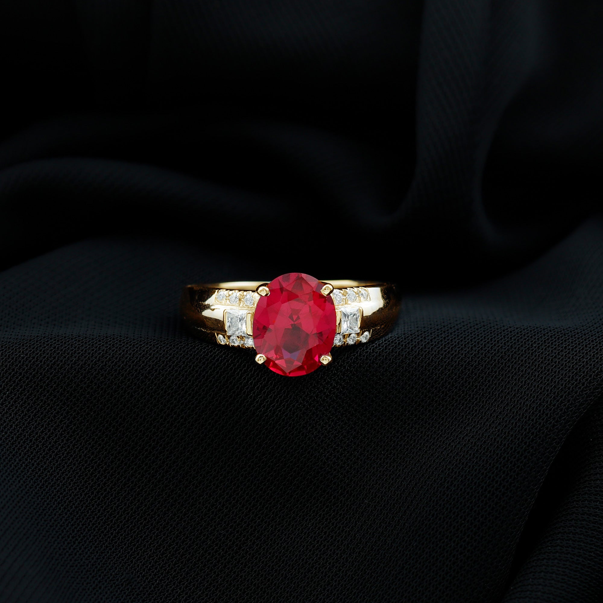 Oval Lab Grown Ruby Solitaire Statement Engagement Ring with Diamond Lab Created Ruby - ( AAAA ) - Quality - Rosec Jewels