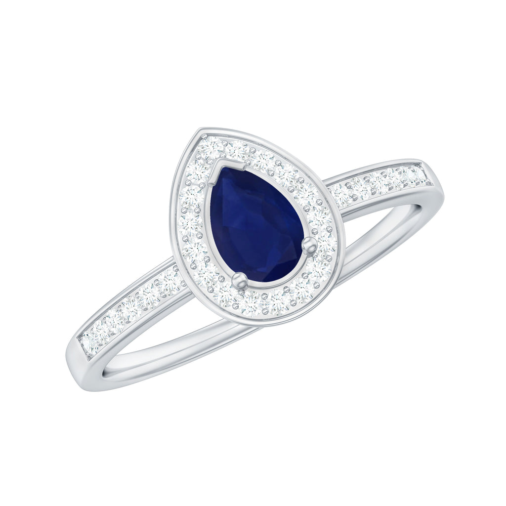 1 CT Teardrop Blue Sapphire Engagement Ring with Diamond Halo Blue Sapphire - ( AAA ) - Quality - Rosec Jewels