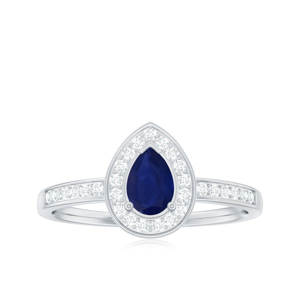 1 CT Teardrop Blue Sapphire Engagement Ring with Diamond Halo Blue Sapphire - ( AAA ) - Quality - Rosec Jewels