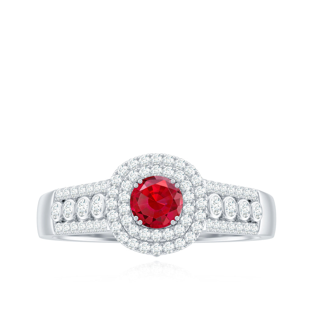 Classic Created Ruby and Moissanite Double Halo Engagement Ring Lab Created Ruby - ( AAAA ) - Quality - Rosec Jewels