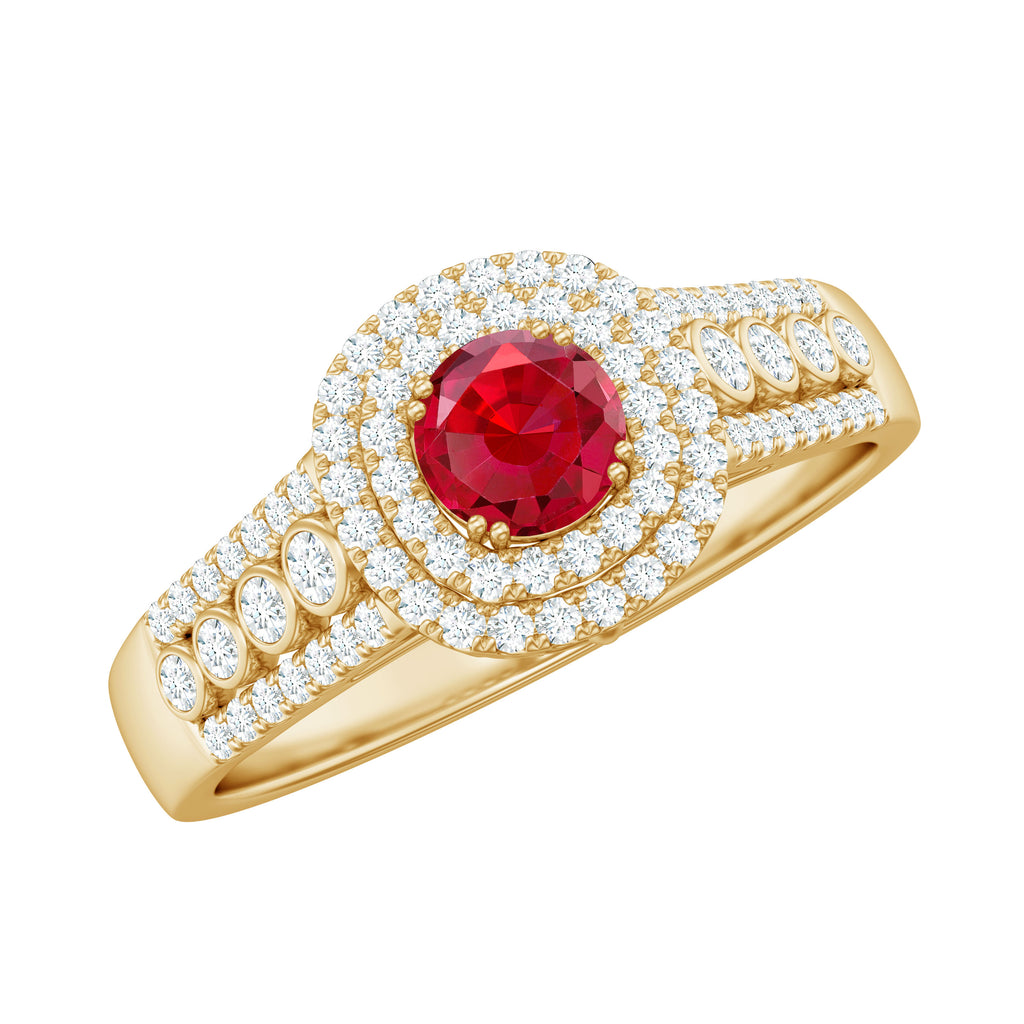 Classic Created Ruby and Moissanite Double Halo Engagement Ring Lab Created Ruby - ( AAAA ) - Quality - Rosec Jewels