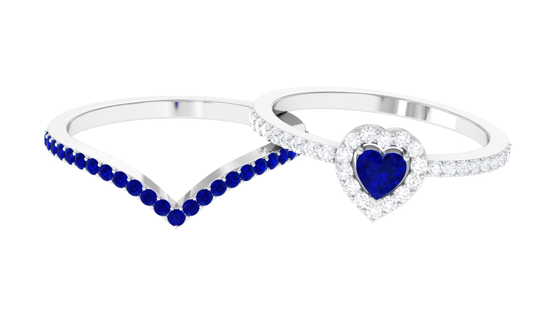 1 CT Created Blue Sapphire and Diamond Heart Wedding Ring Set Lab Created Blue Sapphire - ( AAAA ) - Quality - Rosec Jewels