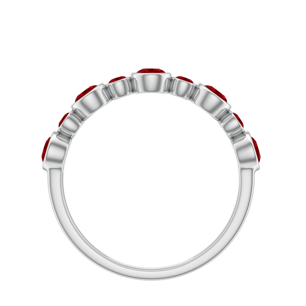 Bezel Set Round Created Ruby Unique Half Eternity Ring Lab Created Ruby - ( AAAA ) - Quality - Rosec Jewels