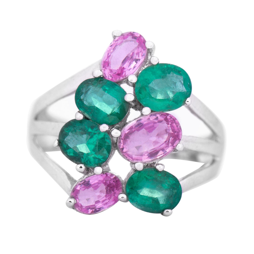 Created Pink Sapphire and Created Emerald Cocktail Engagement Ring - Rosec Jewels UK
