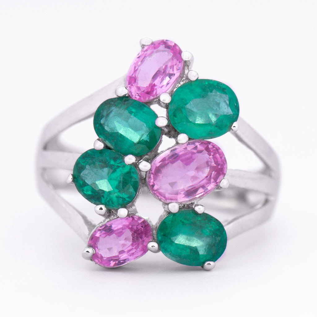 Created Pink Sapphire and Created Emerald Cocktail Engagement Ring - Rosec Jewels UK