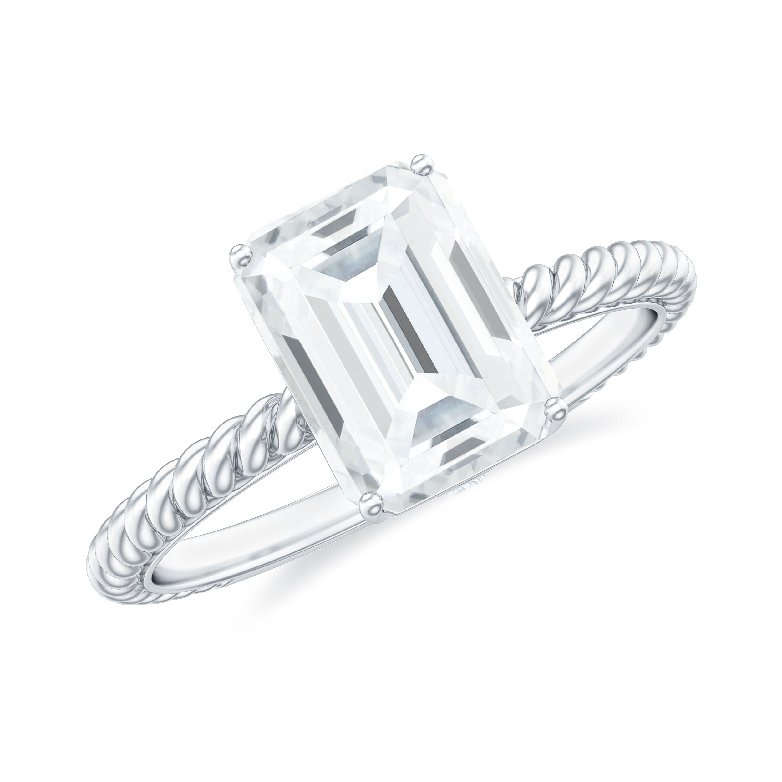 Emerald Cut Moissanite Solitaire Ring with Gold Twisted Rope Moissanite - ( D-VS1 ) - Color and Clarity - Rosec Jewels