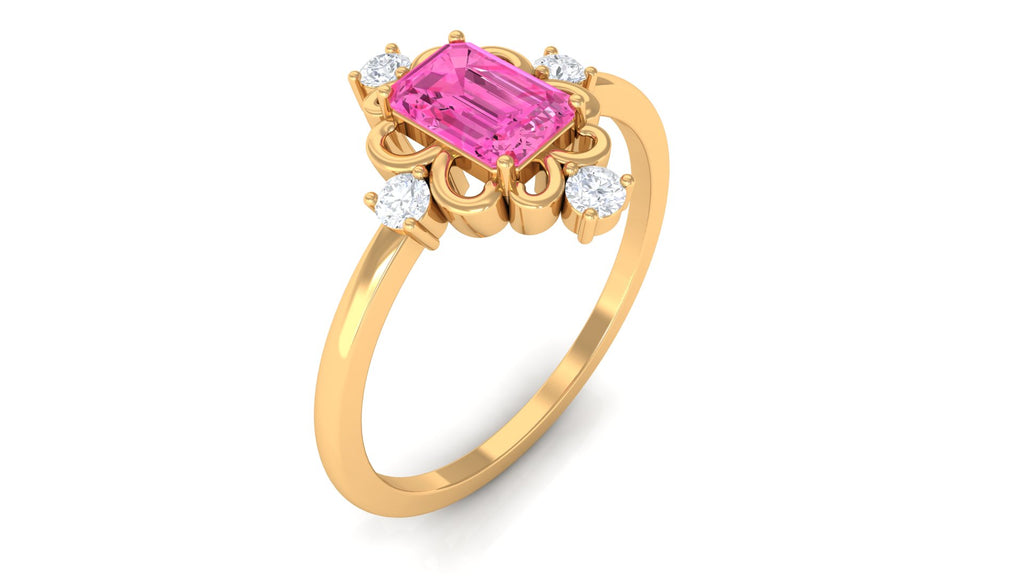 Rosec Jewels-Vintage Inspired Pink Sapphire Solitaire Ring with Moissanite