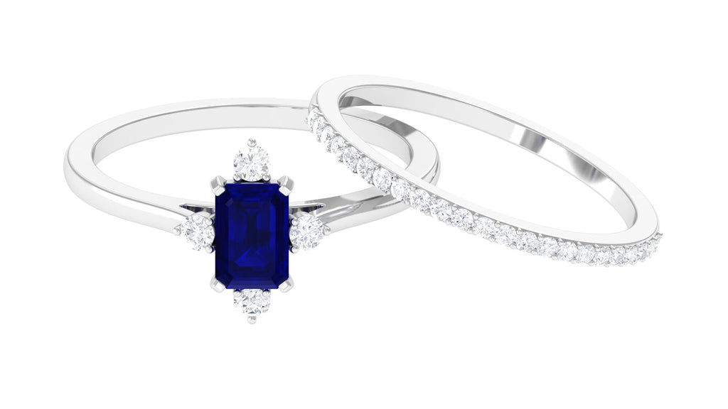 Rosec Jewels-1.25 CT Certified Blue Sapphire Solitaire Ring Set with Diamond Band