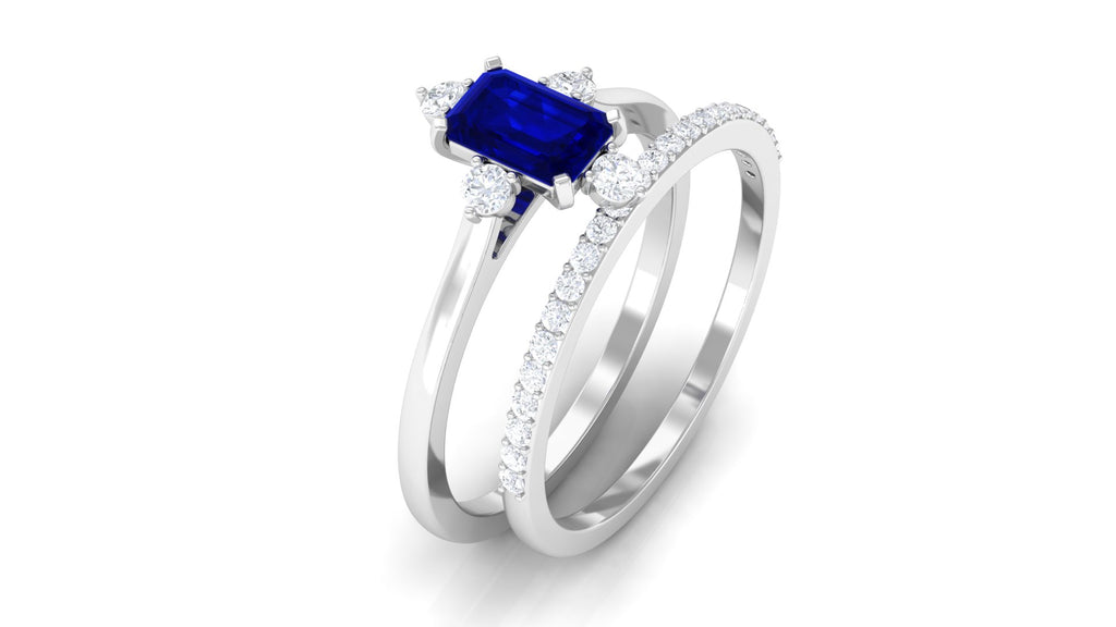 Rosec Jewels-1.25 CT Certified Blue Sapphire Solitaire Ring Set with Diamond Band