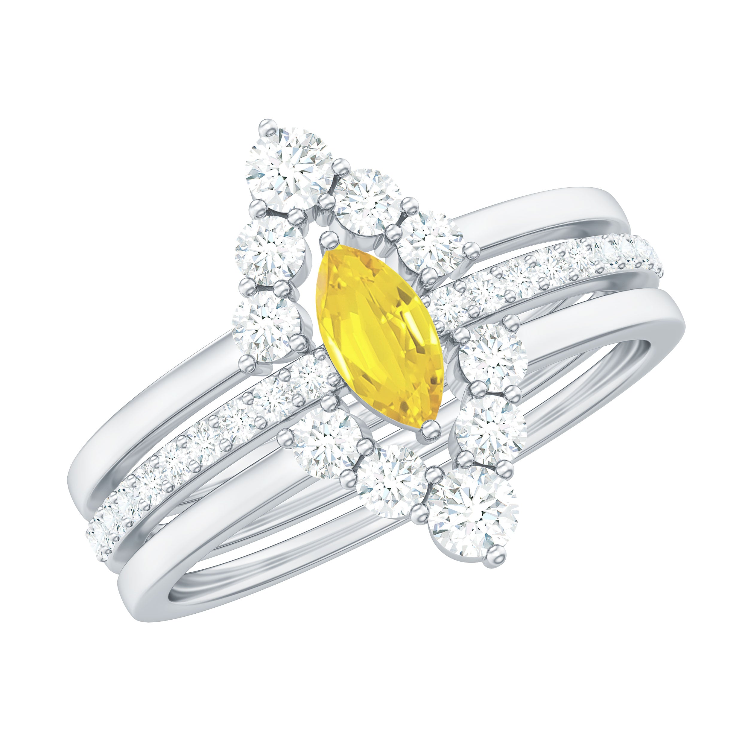 Marquise Created Yellow Sapphire Solitaire Trio Ring Set with Moissanite Lab Created Yellow Sapphire - ( AAAA ) - Quality - Rosec Jewels