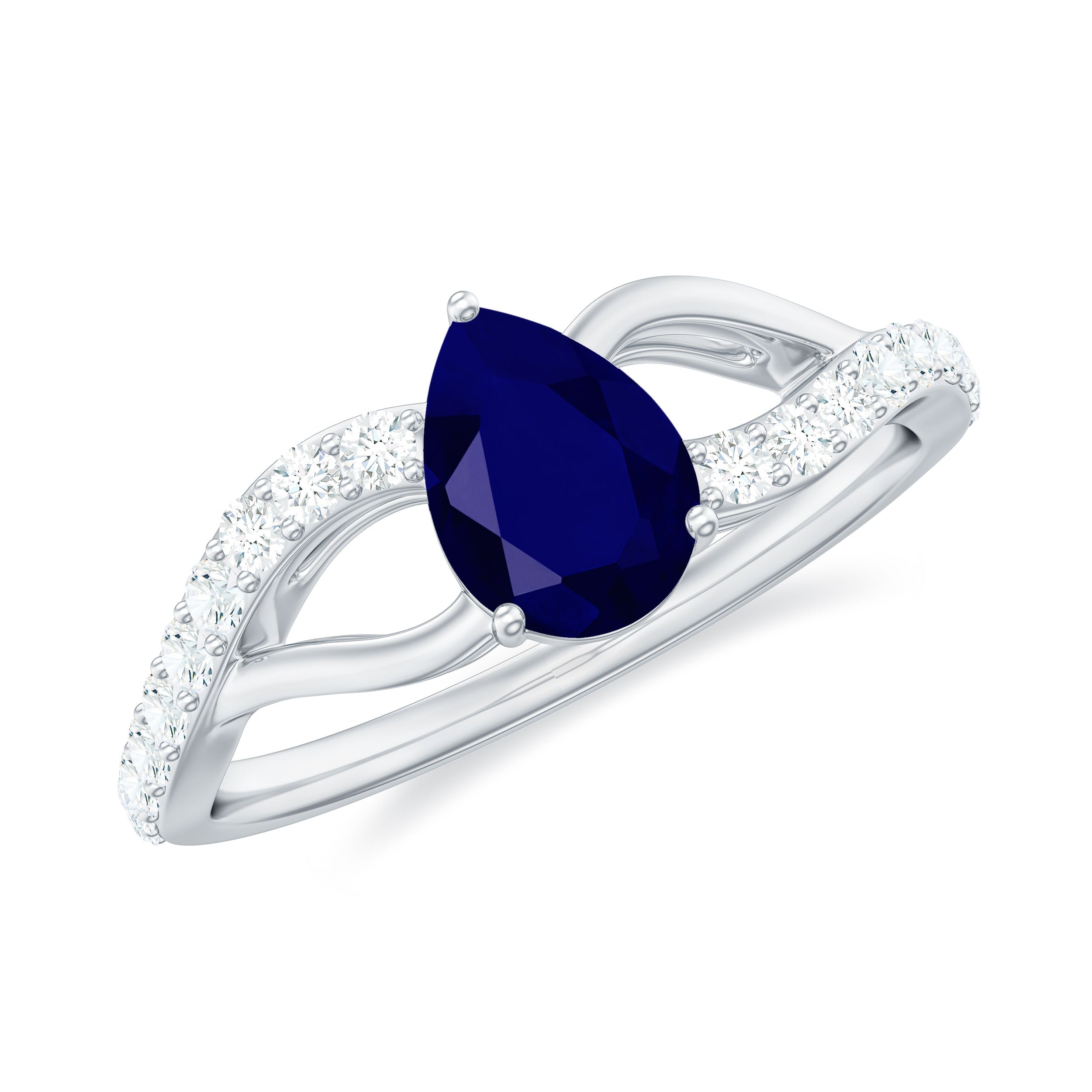 1.5 CT Pear Cut Blue Sapphire Solitaire Split Shank Ring with Diamond Blue Sapphire - ( AAA ) - Quality - Rosec Jewels